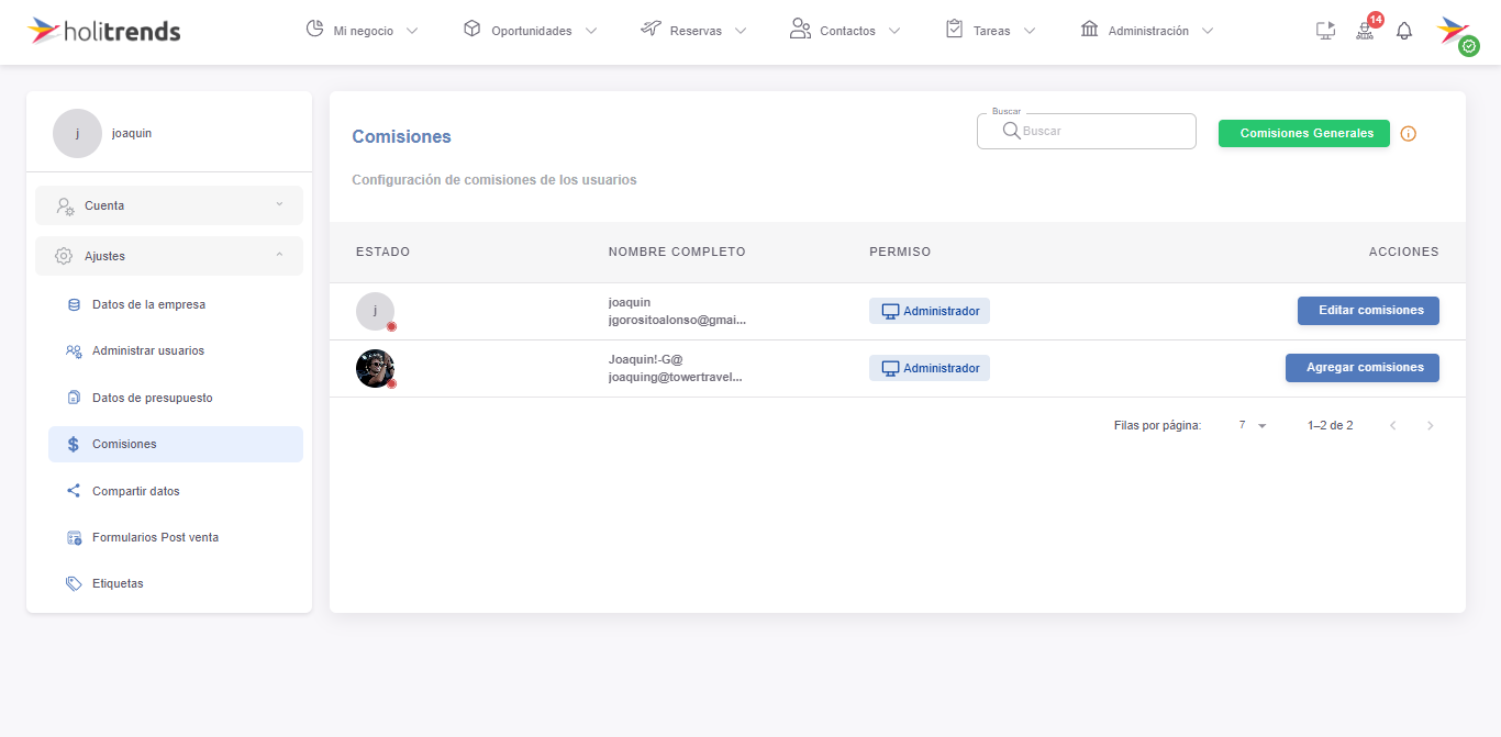 Vista de la sección Comisiones