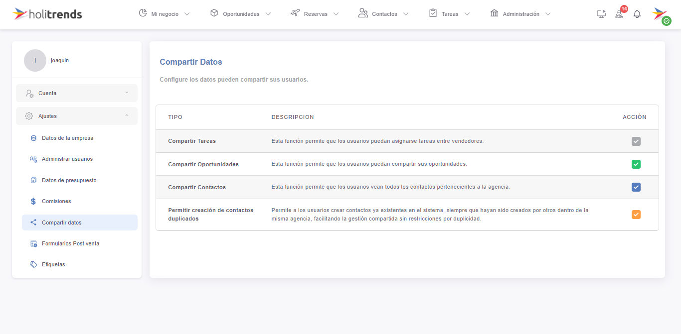 Vista de la sección Compartir datos