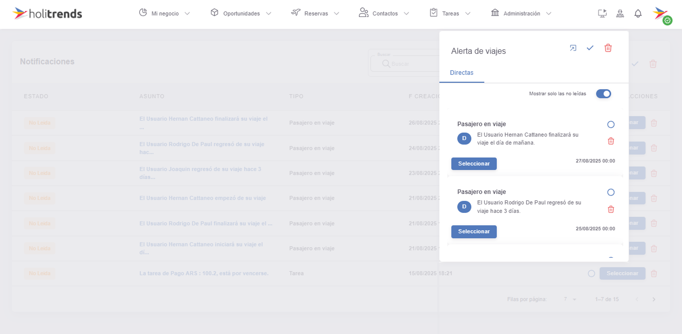 Tipos de notificaciones en panel lateral