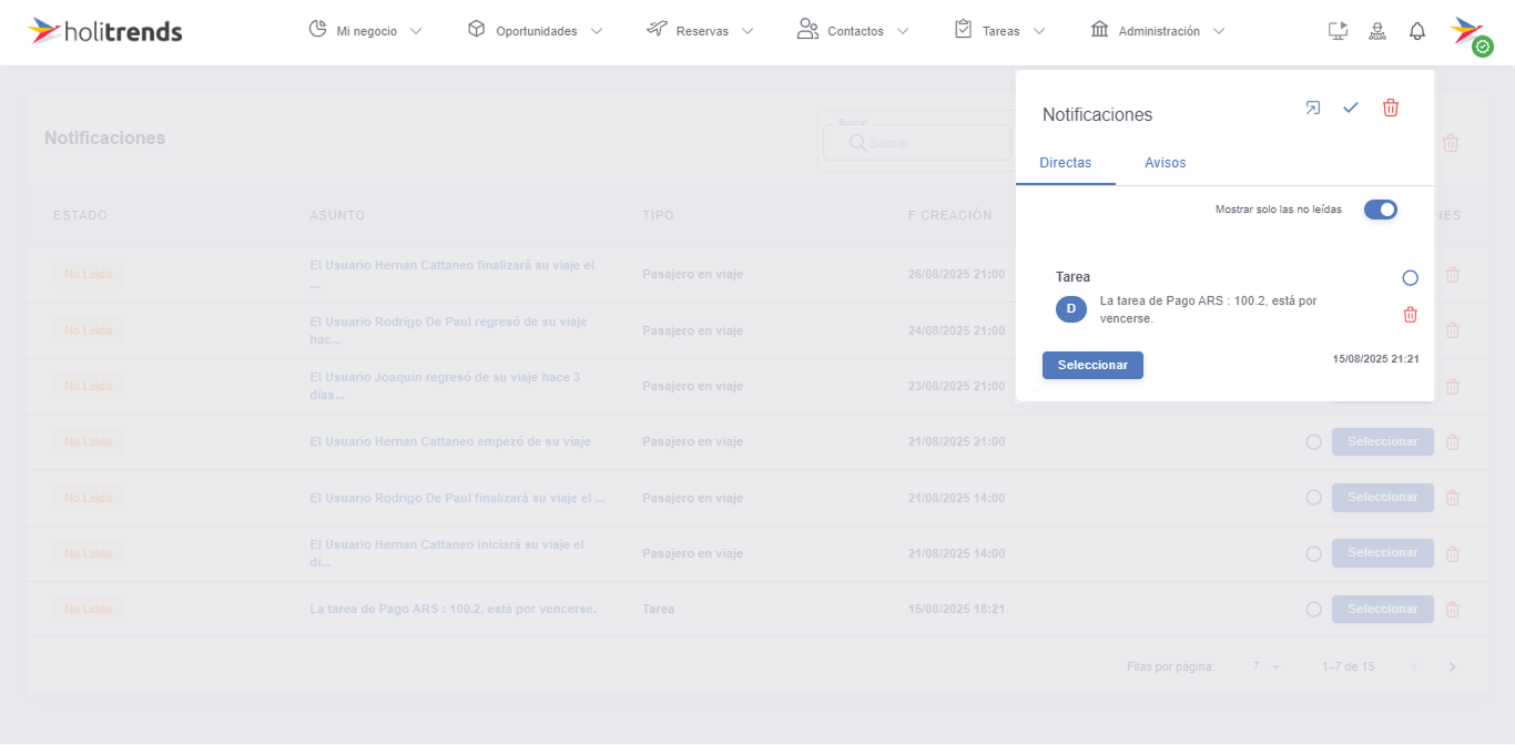 Filtros de la tabla de notificaciones