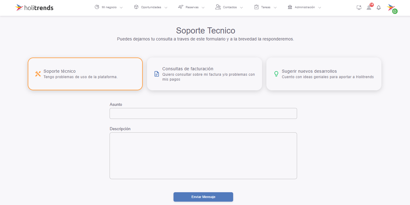 Vista de la sección Soporte
