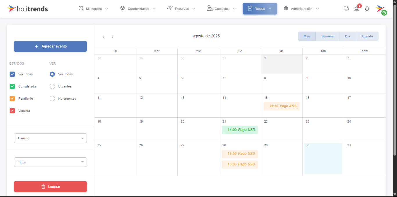 Vista de calendario de tareas